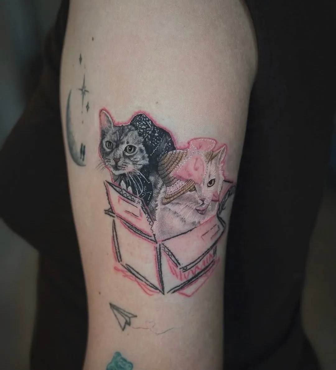 Tatuaj realist color pe braț cu două pisici într-o cutie de carton roz